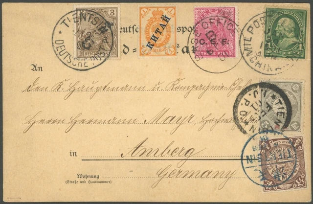 DP CHINA 1901, 3 Pf. Handstempelaufdruck mit Stempel TIENTSIN a 21.2.01 auf