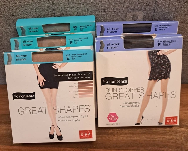 5x No Nonsense Great Shapes Beige  Black Sheer Pantyhose All Over Shaper Size E