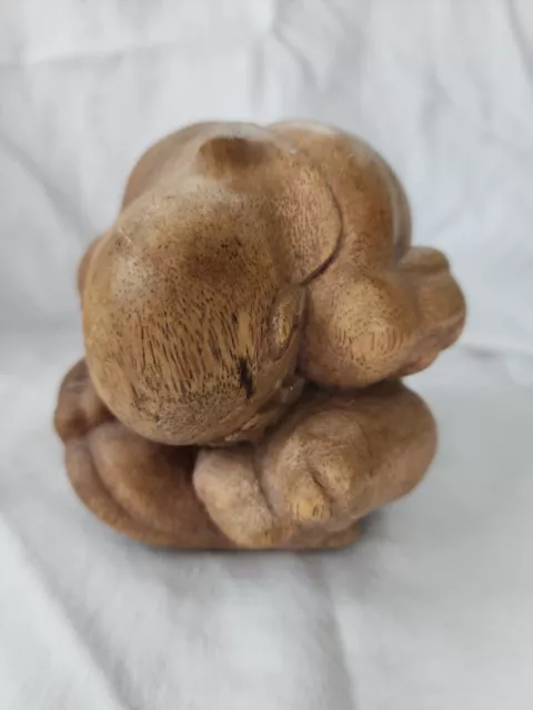 Vintage Weeping Buddha Medium Tone Wood Sculpture Yogi Man Figure Hand Carved