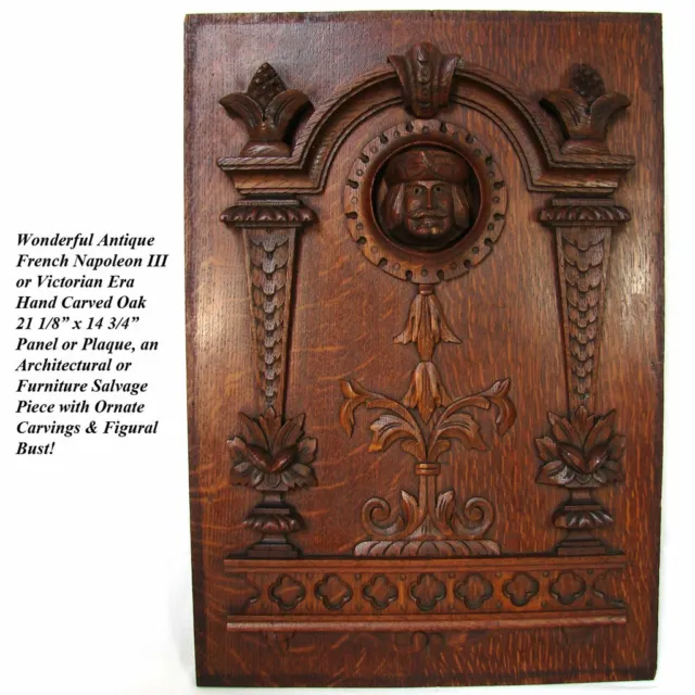 Antique Carved Oak 21" Panel, Figural Plaque, Furniture or Architectural Salvage 2