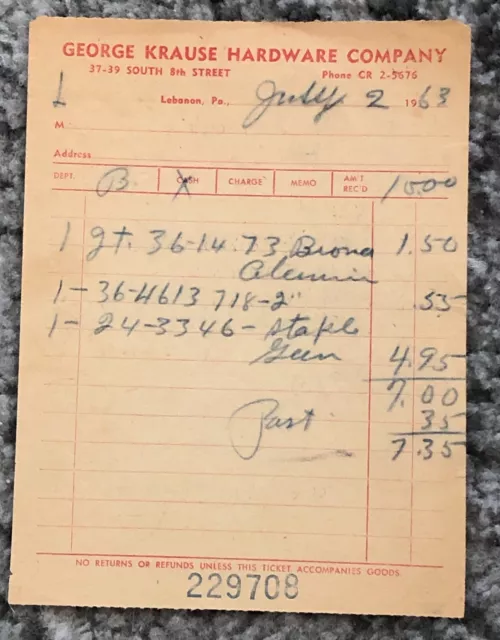 Hardware Receipt Vintage George Krause Original 1963 Written On Lebanon PA