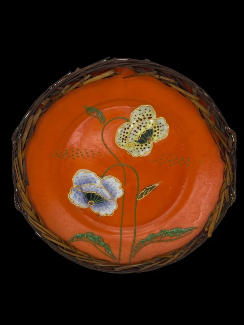 Beautiful Vintage Japanese Plate Hand Painted Floral Made in Japan Wicker Rattan
