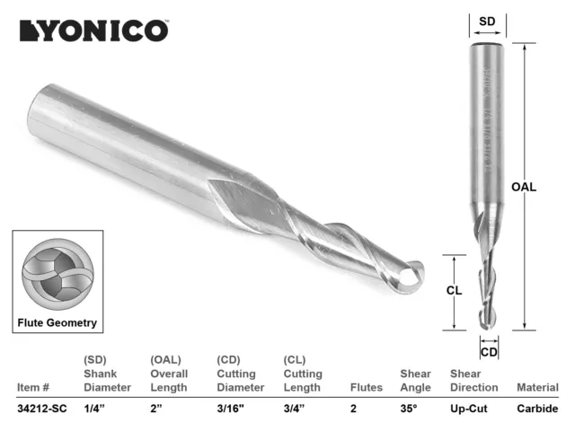 3/16" Dia. 2 Flute Ball Nose CNC Router Bit - 1/4" Shank - Yonico 34212-SC