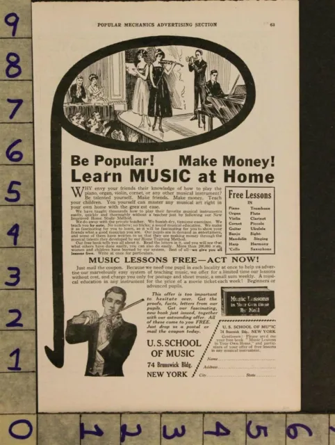 1920 Music Education Teacher Lesson Instrument Piano Violin Guitar Ad Zv80