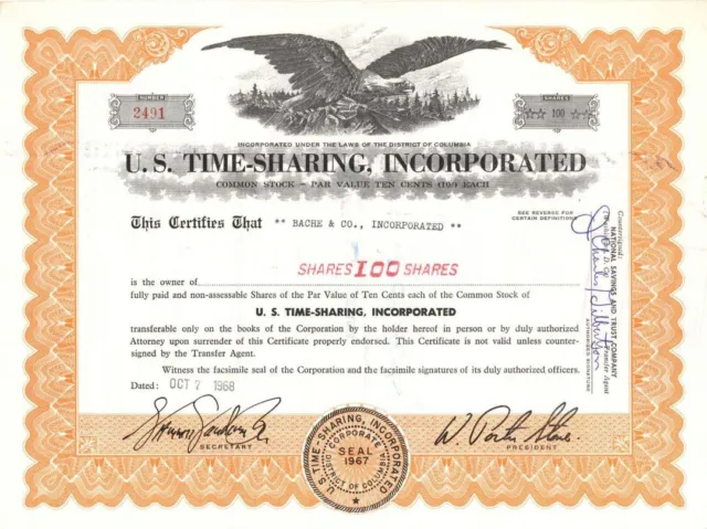 U. S. Time-Sharing, Inc. - dated 1968-1973 Computer-Related Stock Certificate -