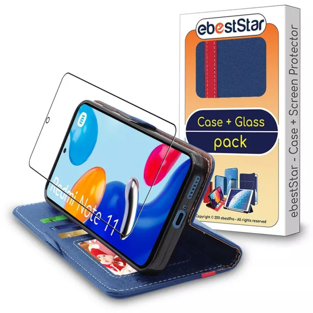 Coque Xiaomi Redmi Note 11, 11S Etui Portefeuille + VERRE Trempé, Bleu Foncé