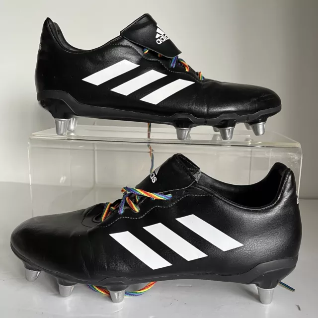 Adidas Rumble Soft Ground Rugby Boots Black Men's Size UK 11 with Rainbow Laces