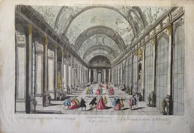 Grande Gravure Xviii Vue D'optique Couleur Galerie Glace Chateau Versailles