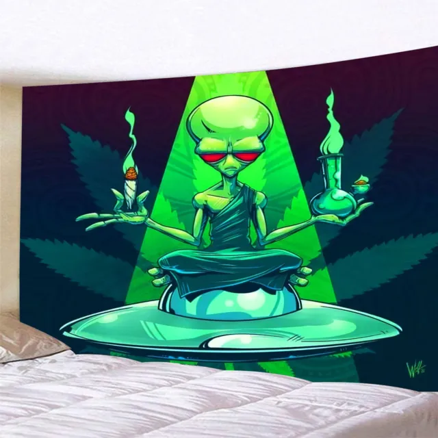 Trippy Psychedelic Tapestry Cool Alien Take Cigar Marijuana Leaf Weed Tapestry