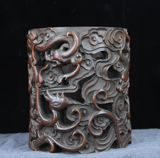 Exquisite Old Chinese Bamboo handcarved Hollow dragon jar pots pen holder 6802