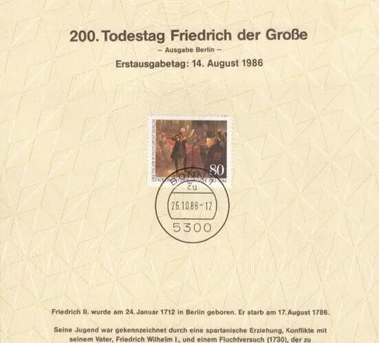 BRIEFMARKEN Erstausgabetag FRIEDRICH DER GROßE  Sammlerstück  historisch 1986