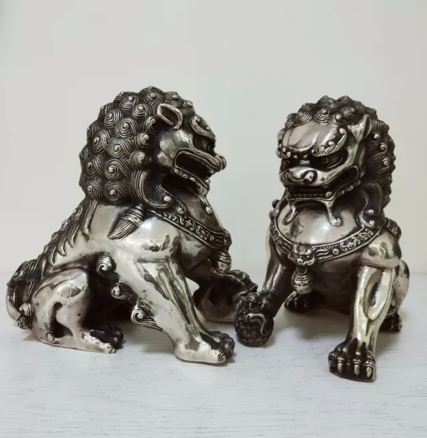 6" Big Tibet silver Fu Foo Dog Guardian lion argent lucky Statue Pair lions Dogs