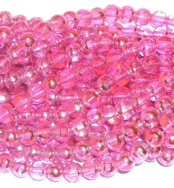 G843 Pink Silver Swirl Metallic Drawbench 8mm Round Glass Beads 16"