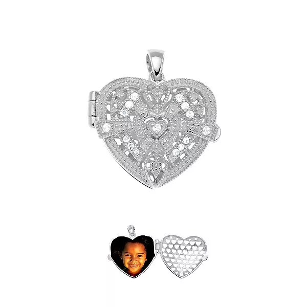 Sterling Silver CZ Design Heart Locket W/Chain