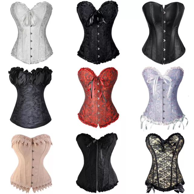 Women Overbust Boned Corset Bustier Top Burlesque Basque Lace Up Costume Dress