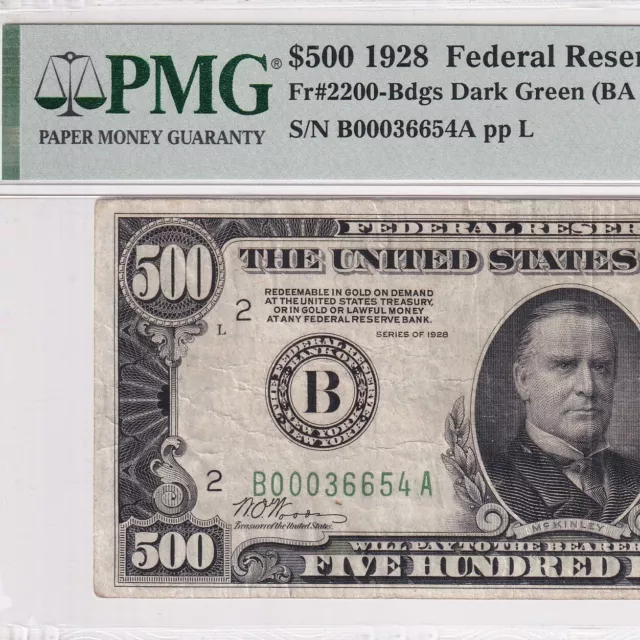 1928 Five Hundred Dollars $500 bill New York FRN, Fr#2200-B—PMG 25 Very Fine