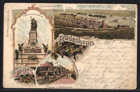 Lithographie Rüdesheim, Nationaldenkmal, Strassenpartie, Ortsansicht 1900