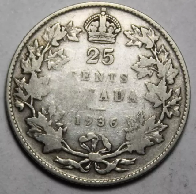 Canada 1936 Silver 25 Cents, Old Date KGV (25c)