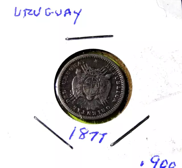 1877 A Republica Oriental Del Uruguay 10 Centesimos Coin 0.900 Silver