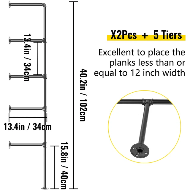 VEVOR 5Tier Industrial Wall Mount DIY Pipe Shelf Bookshelf Storage Shelf Bracket 3