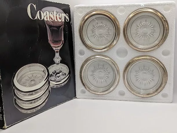 Set of 4 Vintage Leonard Italy Crystal And Silver Coaster Ashtrays Silver Plate
