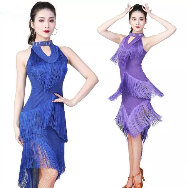 Women Fit Latin Dance Dress Salsa Tango Ballroom Costume Tassel Halter Neck Slim