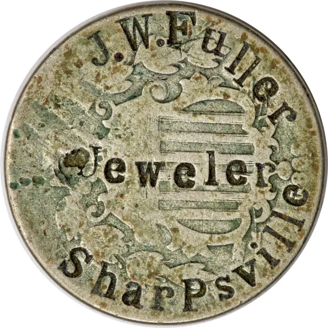 1868 Shield nickel with the J.W. Fuller / Jeweler / SharPsville counterstamp.