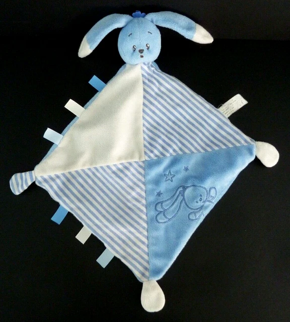 *. Doudou Plat Auchan Lapin Bleu Blanc Raye Motif Etoile Rayure - Tbe