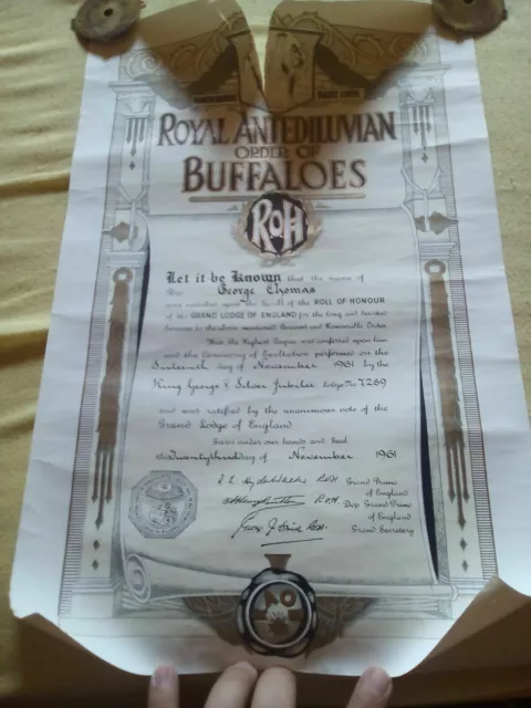 1961 ROYAL ANTEDILUVIAN order of Buffaloes certificate Freemasonry $17