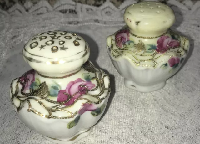 Vtg Porcelain Salt & Pepper Shakers Hand Painted Ivory/ White Pink Gold Moriage