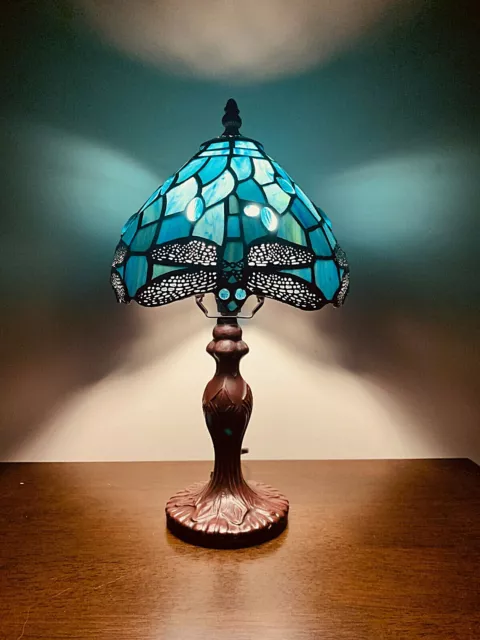 14" Tiffany Table Lamp Sea Blue Stained Glass and Crystal Bead Dragonfly