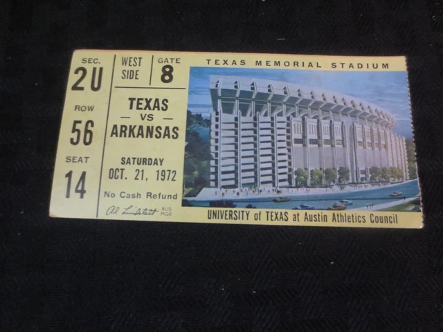 Texas Longhorns Football Ticket  VS Arkansas Oct 21, 1972