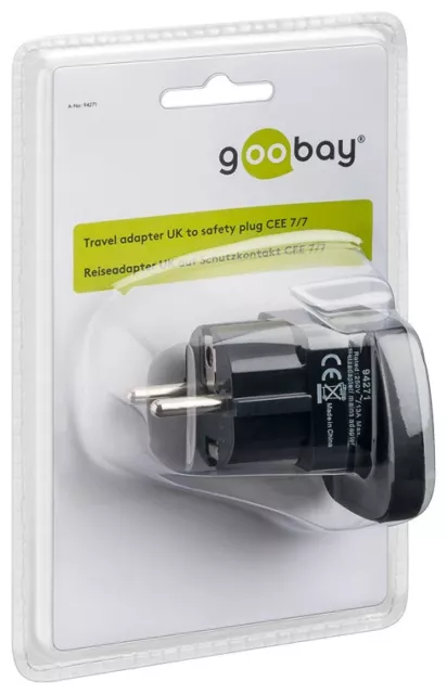 Goobay World to EU Travel Adapter Black safety plug (type F, CEE 7/7) UK socket