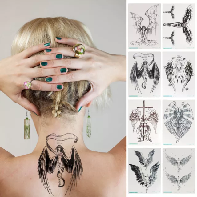 8 Pcs Black Temporary Tattoos Fake That Look Real Angel Sticker Cartoon