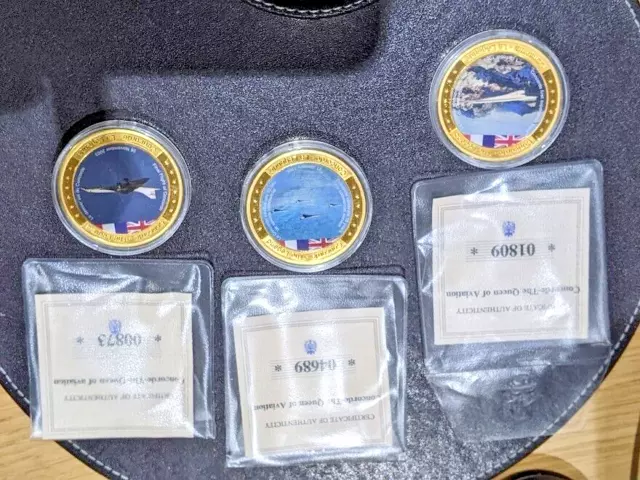 3X Concorde Flugzeug Flying The Legend vergoldet Proof Medaille Münzgehäuse