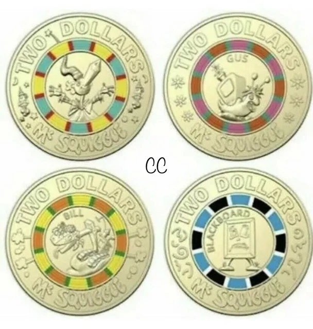 2019 RARE 🔥 COLOURED MR SQUIGGLE TWO DOLLAR $2 AUSTRALIAN 4 COIN