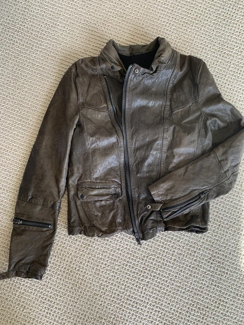 All Saints Brown Leather Jacket Size Large Double Zipper Distressed