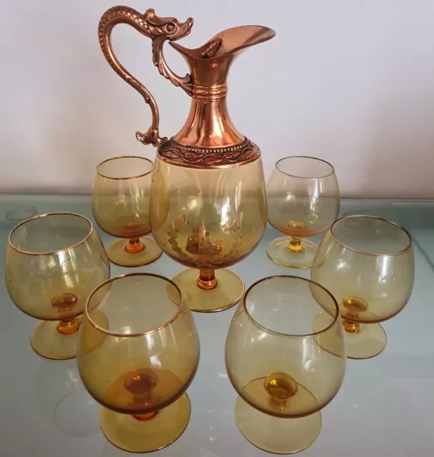 Buton decanter , anfora, caraffa, vetro,  colore ambrato, 6 bicchieri, vintage