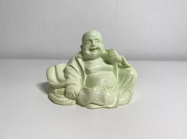 Buddha Figur, lachend, Jade, weiß, Stein Schnitzerei, 6,5cm x 10cm, Vintage, rar