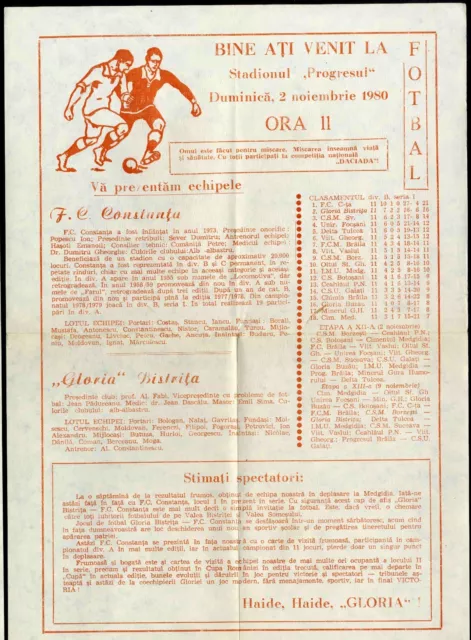 ROMANIA 1980 FC CONSTANTA - GLORIA Bistrita  HISTORY SOCCER PROGRAM 2 pag