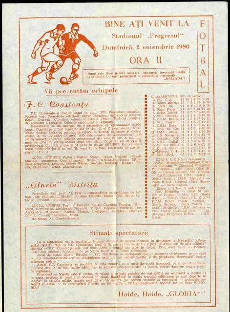 ROMANIA 1980 FC CONSTANTA - GLORIA Bistrita  HISTORY SOCCER PROGRAM 2 pag