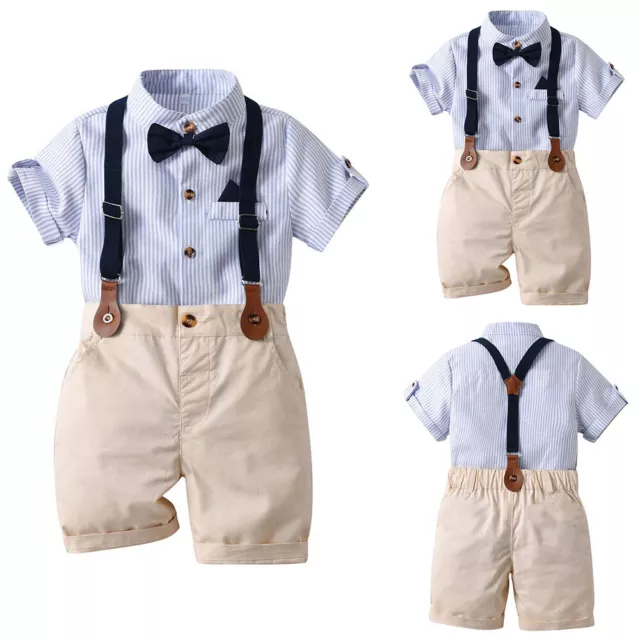 Toddler Baby Boy Gentleman Suit Striped Shirts+Suspender Shorts Infant Outfits