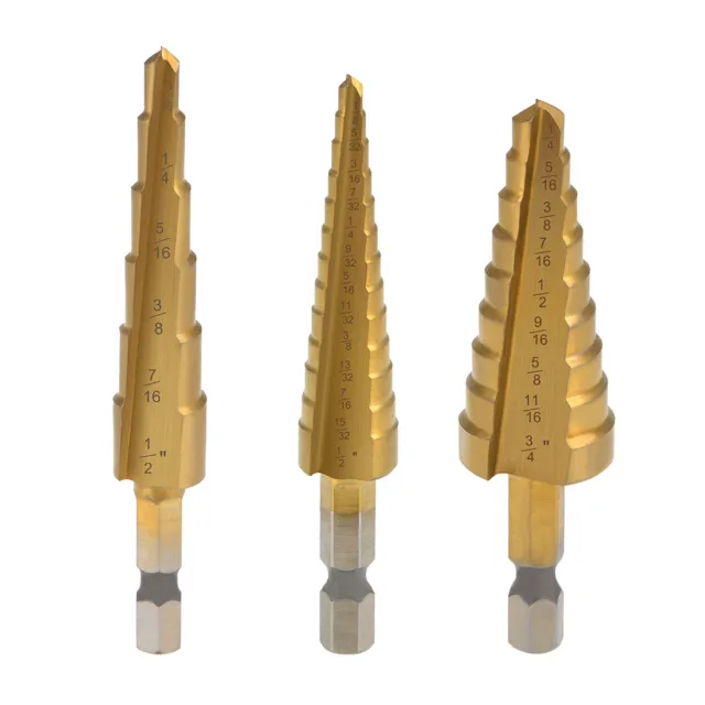 3x Titanium Step Drill Bits Set 1/4-3/4” 1/8-1/2” 3/16-1/2” Hex Shank Metal Wood