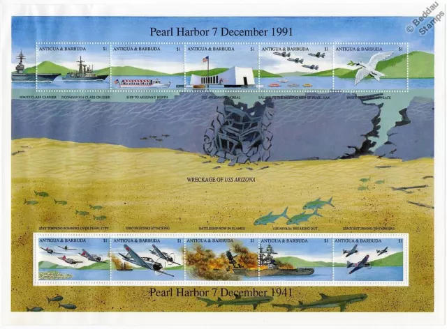 WWII Pearl Harbor Japanese Aircraft Attack Warships Stamp Sheet (1991 Antigua)