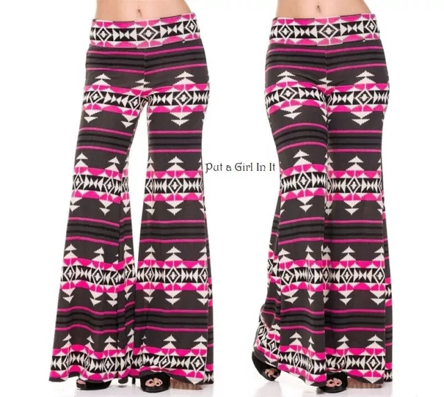 New Womens PINK GRAY SOUTHWESTERN AZTEC WIDE FLARE BELL PALAZZO PANTS S M L USA