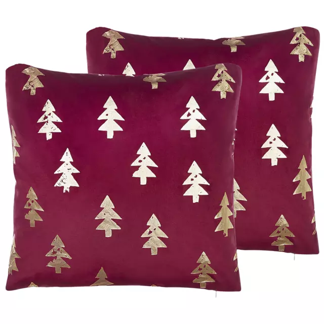 Lot de 2 Coussins de Noël avec Motifs de Sapin 45 x 45 cm en Velours Rouge Beli