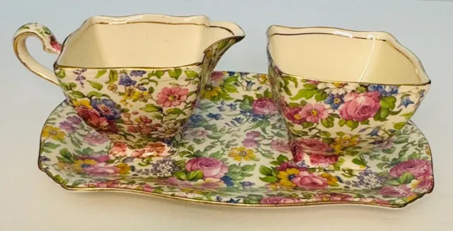 Royal Winton Grimwades Summertime Floral Chintz Creamer & Sugar Bowl With Tray