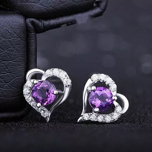 Womens Girls 925 Sterling Silver Purple Crystal Heart Stud Earrings Jewellery