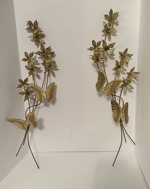 Vintage Home Interiors Wall Art Gold-tone Metal  Flowers Butterfly MCM