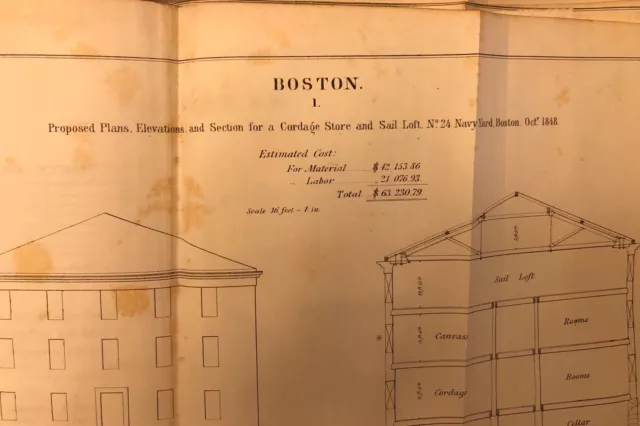 “2” 1848 Drawings: US Navy Yard Boston, MA Cordage Store & Sail Loft - Antique